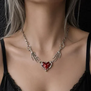 Skeleton Hand Red Heart Gothic Necklace 1 - Lunar Hex Co | Gothic Jewelry & Dark Accessories