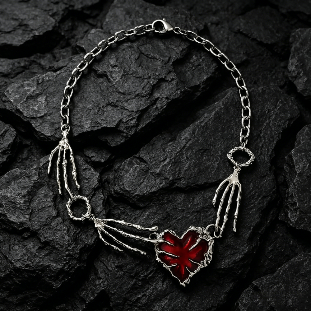 Skeleton Hand Red Heart Gothic Necklace 2 - Lunar Hex Co | Gothic Jewelry & Dark Accessories