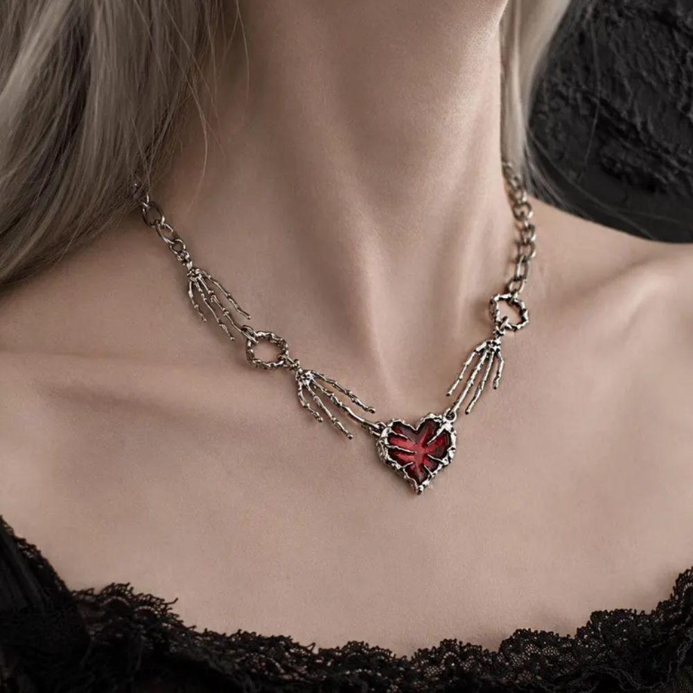 Skeleton Hand Red Heart Gothic Necklace 4 - Lunar Hex Co | Gothic Jewelry & Dark Accessories