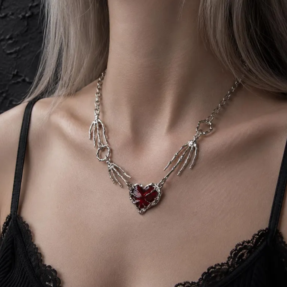Skeleton Hand Red Heart Gothic Necklace 5 - Lunar Hex Co | Gothic Jewelry & Dark Accessories