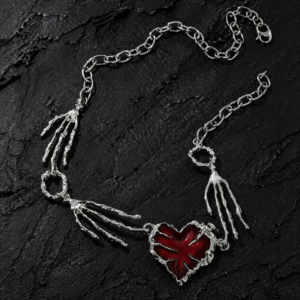 Skeleton Hand Red Heart Gothic Necklace 6 - Lunar Hex Co | Gothic Jewelry & Dark Accessories