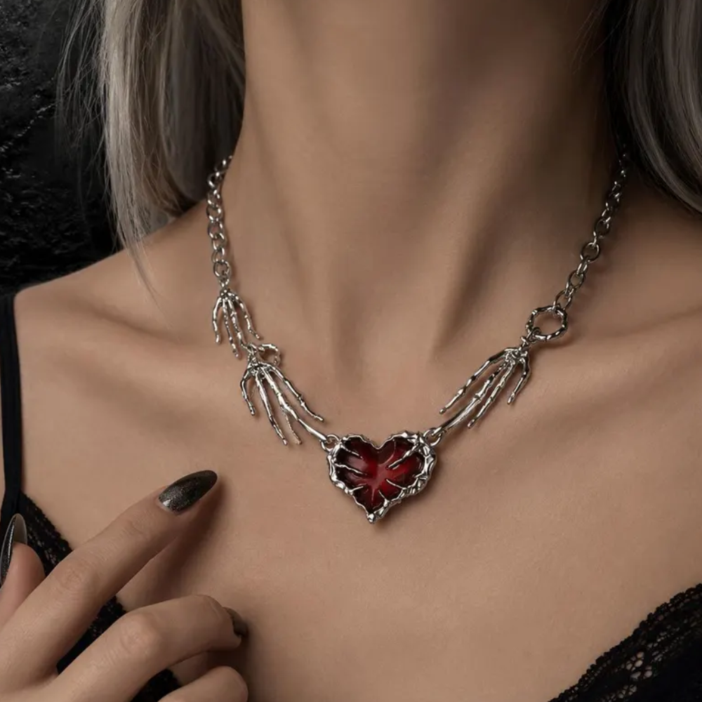 Skeleton Hand Red Heart Gothic Necklace 7 - Lunar Hex Co | Gothic Jewelry & Dark Accessories